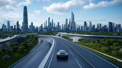 Poster - a stunning futuristic cityscape featuring a dynamic skyline of sleek organic inspired high rise buil