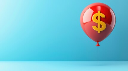 Poster - A red balloon in the shape of a dollar sign floating against a vibrant blue background representing the concept of economic growth financial investment
