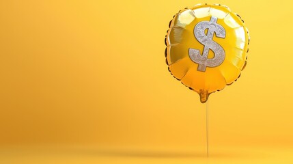 Poster - A large golden balloon in the shape of a dollar sign floating against a vibrant yellow background symbolizing economic inflation and growth