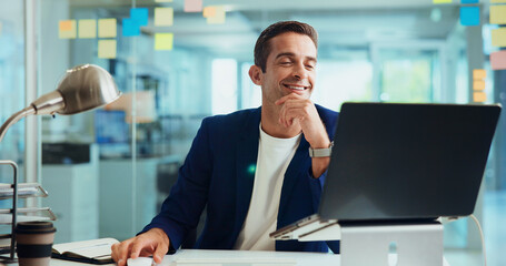 Aufkleber - Business, laptop and man with smile, thinking and planning for project, research and problem solving. Person, employee and consultant in workplace, sales agency and PC for website info and decision