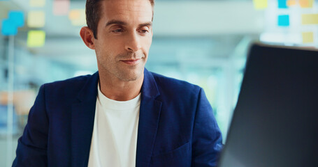 Aufkleber - Thinking, laptop and man in office, internet and planning for project, creativity and connection. Person, employee and consultant in workplace, sales agency and pc for website info or problem solving