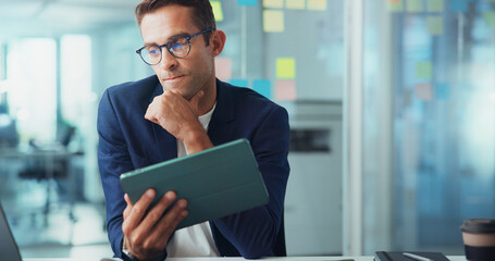 Fototapete - Business solution, tablet and man with thinking for campaign inspiration, problem solving or email marketing ideas. Creative agency, space or employee with planning for project management or decision