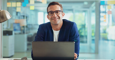 Poster - business, man and portrait with laptop in office for article proofreading, editing news publication 