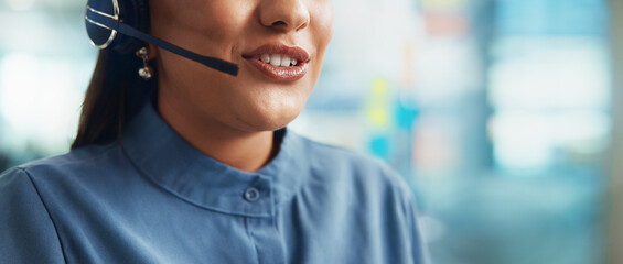 Poster - Business woman, mouth and consultant with headset for online advice, help or support at office. Closeup, banner or female person talking with mic for CRM, communication or virtual assistant on call