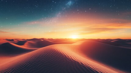 Wall Mural - Sunset over vast desert dunes under starry sky, tranquil nature landscape