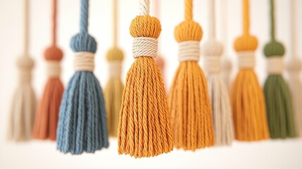 Poster - A collection of colorful tassels hanging in a line, showcasing various textures and hues, perfect for decorative purposes, macramé texture