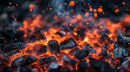 Poster - Glowing red and orange embers with sparks flying. Heat and energy concept