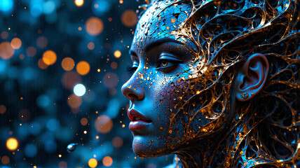 Fototapete - Mystical woman with golden intricate patterns on her face and skin, side profile view, with bokeh background of blue and orange lights.