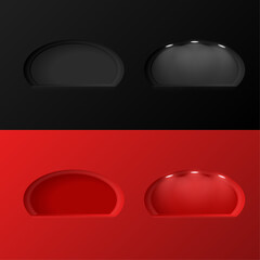 Set of niches in the walls, arched empty shelves oval round shape on black and red backgrounds. Place for presentation of your product. Vector 3D illustration.