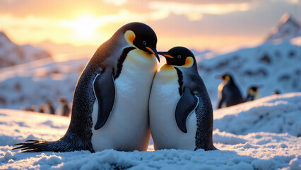 Poster - Two penguins stand closely together in a snowy, sunlit landscape.  The warm light of the setting sun illuminates the pair, highlighting the soft snow and distant mountains where more penguins gather.