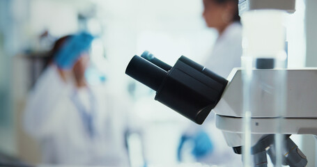 Poster - Healthcare, microscope and science with equipment in laboratory for forensic study of DNA sample. Development, medical and pharmaceuticals with technology in research facility for innovation