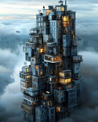 Poster - A post-singularity world where AI and humanity merge, towering luminous structures made of pure data, reality-bending surrealism