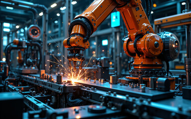 Poster - Robotic arm expertly welds metal in a factory setting. Sparks illuminate the automated industrial machinery on the production line.