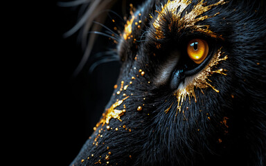 Aufkleber - Close-up of a dark animal eye with golden accents. Fur is black, contrasting with the bright amber eye and gold splashes, set against a dark backdrop.