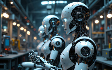 Poster - Futuristic factory scene. A line of humanoid robots stands in an industrial setting with machinery and bright lights.