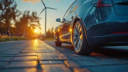 Poster - Electric charging car near solar panels and wind turbine, symbolizing renewable energy and sustainable transportation, Solar energy concept. 8k Resolution