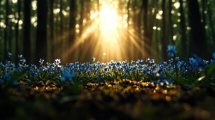 Poster - A field of blue flowers is illuminated by the sun