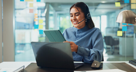 Fototapete - Happy woman, headset or laptop with tablet for communication, interaction or online engagement at office. Female person, consultant or agent with technology or app for remote advice, UI support or UX