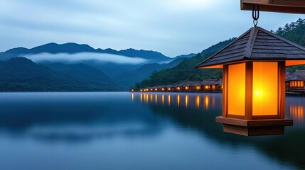 Wall Mural - lakeside sunset landscapes idea. serene lake view with glowing lanterns and misty mountains at twili