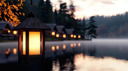 Wall Mural - lakeside sunset landscapes idea. a serene lantern illuminating a peaceful lake at dusk with cabins i
