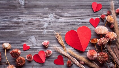 Wall Mural - scralet red paper hearts and dried flowers on gray wooden background- 12346