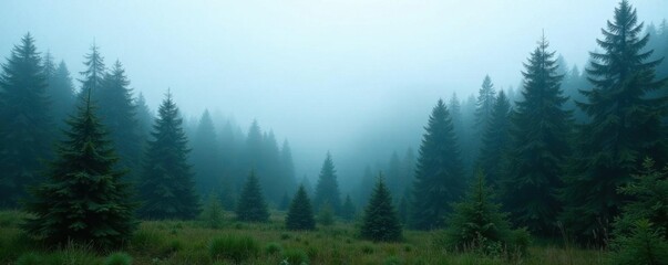 Wall Mural - Dense fir forest in misty landscape with foggy atmosphere,  fog,  forest