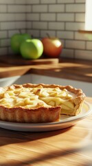 Aufkleber - Close-up view of a freshly baked apple pie cooling in a sunlit kitchen with fruits in the background