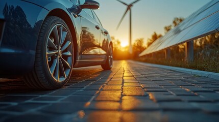 Poster - electric charging car near solar panels and wind turbine, symbolizing renewable energy and sustainab