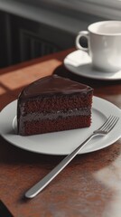 Poster - Decadent chocolate cake slice served on a plate with a coffee cup in the background