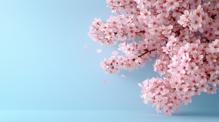 Poster - A blue background with a pink tree with pink flowers