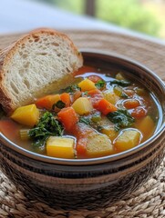 Poster - Delicious bowl of fresh vegetable soup served with bread, perfect for a cozy day indoors