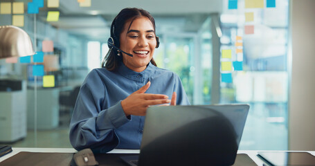 Poster - Business, laptop and woman with microphone on online meeting for client briefing, campaign update and planning. Media specialist, creative agency and webinar for email marketing project or discussion