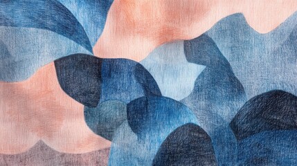 Poster - Abstract pencil strokes create a textured composition blending blue and peach hues on a rough surface