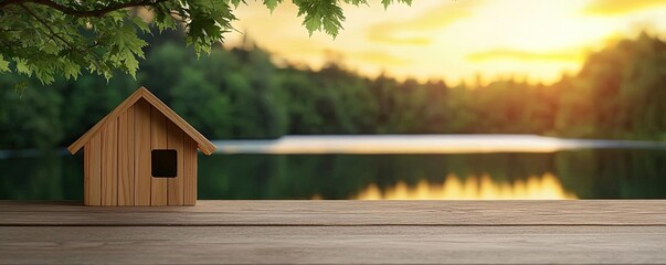 Wall Mural - treehouse in the woods landscapes idea. a serene sunset view over a lake with a small wooden house b
