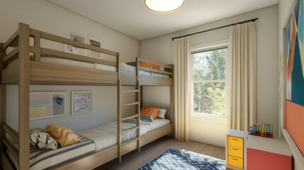 Aufkleber - Color-coded bunk beds create a vibrant shared bedroom for kids in a cozy home setting
