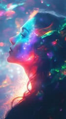 Aufkleber - Mystical woman glows with luminous energy surrounded by vibrant colors at twilight