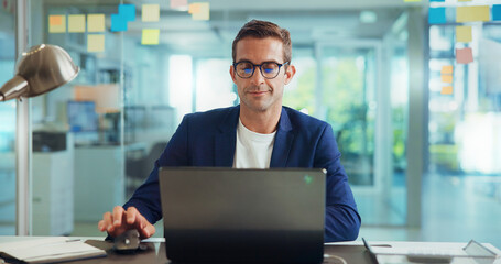 Poster - Business, laptop and man in office, internet and planning for project, research and connection. Person, employee and consultant in workplace, sales agency and computer for website info and email