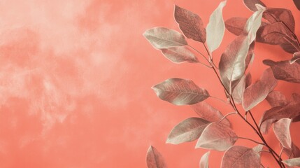 Aufkleber - Muted coral background with leafy branch creating a serene aesthetic in a minimalist setting