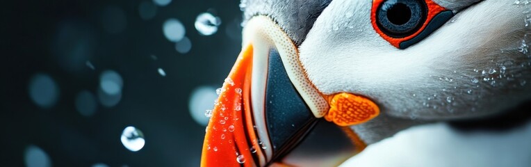 Poster - Close-up of a puffin's face showcasing vibrant colors and intricate details in a natural habitat during a rainy moment