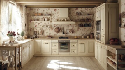 Poster - Vintage kitchen with cream-colored cabinetry and floral wallpaper designed for a cozy cooking experience