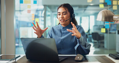 Poster - Creative, laptop and woman with headset on video call for customer enquiry, virtual meeting and campaign update. Media specialist, office and webinar for marketing project strategy, planning or ideas