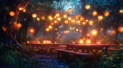 Aufkleber - Creative evening setup with picnic tables illuminated by warm lights in a serene forest