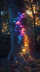 Aufkleber - Glowing tree stands tall in a mystical forest at dusk, illuminated by vibrant colors and magical mushrooms along its trunk