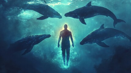 Aufkleber - Man glowing in the water surrounded by dolphins at twilight with ethereal light