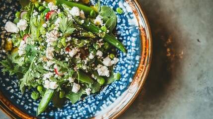 Poster - Colorful spring greens salad topped with fresh ingredients in a decorative blue bowl