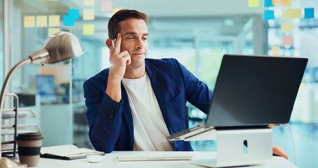 Poster - Business, laptop and man in office, thinking and planning for project, research and problem solving. Person, employee and consultant with choice, sales agency or computer for website info or decision