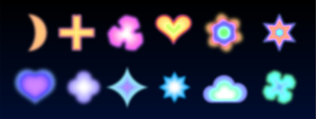 Poster - blurred abstract shapes set isolated on black background. vector illustration of soft gradient moon,