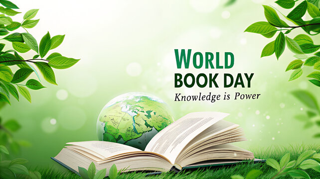 Celebrate World Book Day with an open book displaying a green globe amidst fresh green leaves, symbolizing education, nature, and global knowledge.