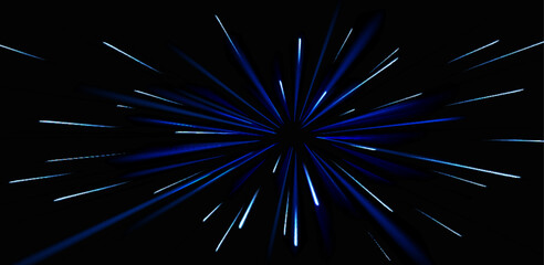Poster - Speed lines burst from center on black backdrop, glow neon blue trails streak outwards. Radiating bright beams converging to point, dynamic starburst effect. Futuristic fast motion, energy and action.
