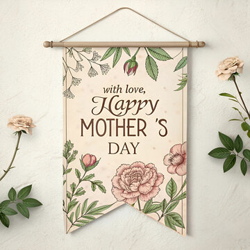 A vintage-style Mother's Day banner with a soft beige background, elegant floral patterns, and classic typography.
